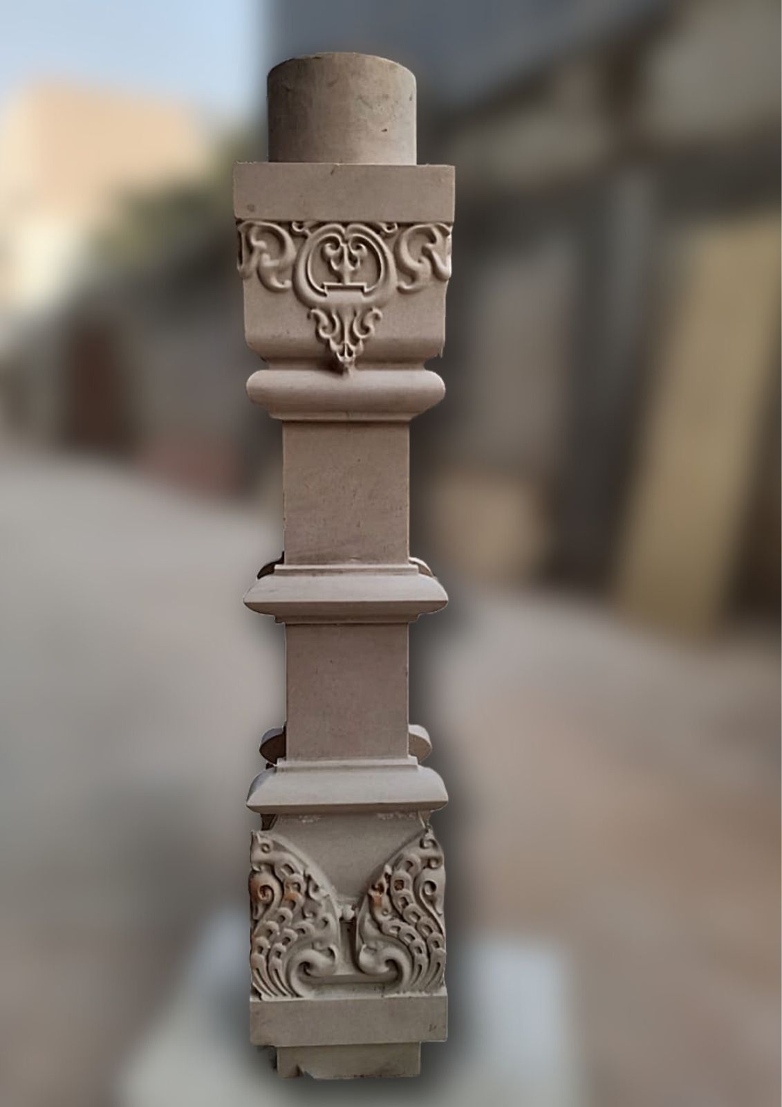 Sacred Elegance: Agra Red Sandstone Pillar with Fine Carving