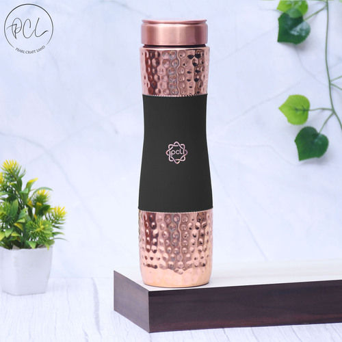 Pure Copper Water Bottle Silk Black Half Hammered With 2 Dholak Glasses ( Set Of 3 ) Capacity 1450 Ml