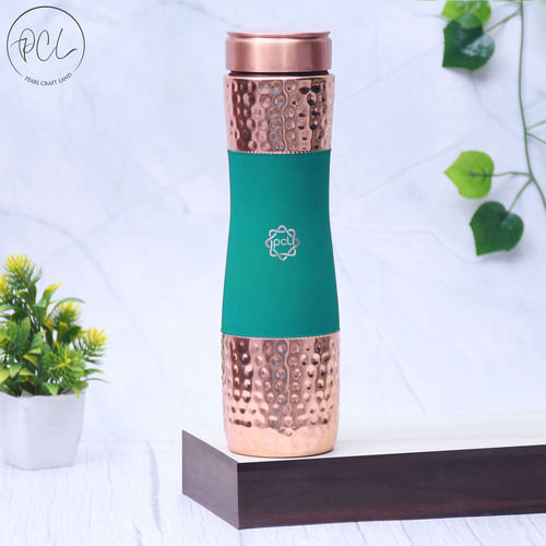 Pure Copper Water Bottle Silk Green Half Hammered with 2 Dholak Glasses ( Set of 3 ) Capacity 1450 ML