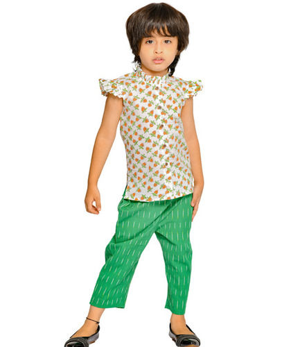 Baby Girl Orange Green Sleeveless Party Wear Cotton Top Pant Set