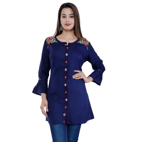 Ladies Kurtis - Rayon, M/L/XL Size, Blue Color | Long Regular Fit, 3-4th Sleeve, Embroidered, Quick Dry, Washable, Breathable