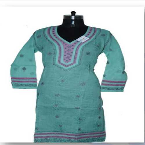 Green Color Pure Cotton Fabric Casual Wear Chikan Kurti