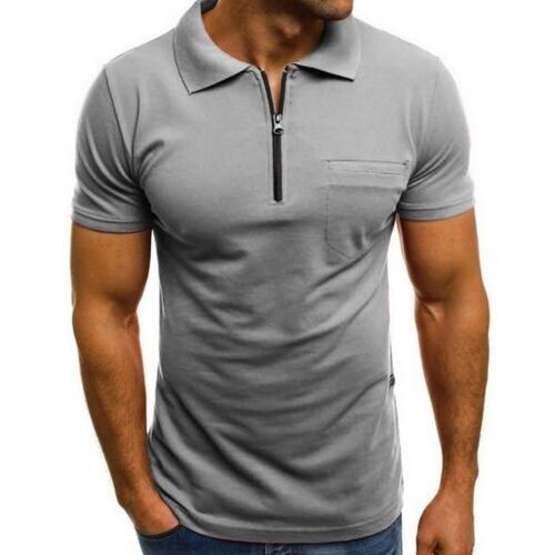 Grey Color Collar Neck Short Sleeves Plain Mens Zipper T Shirts