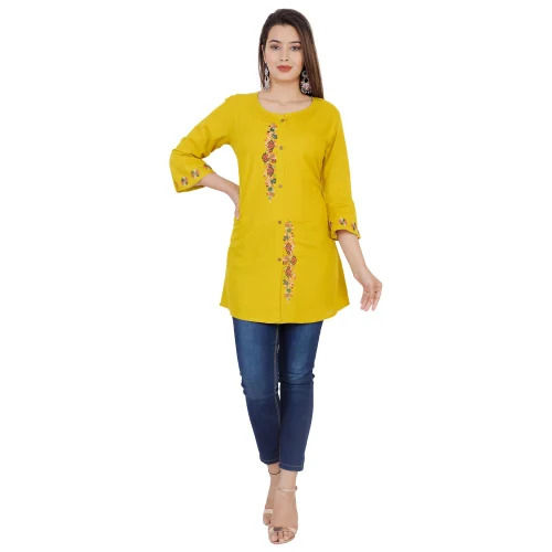 Yellow Color Round Neck Plain Pattern Ladies Kurti Rayon 