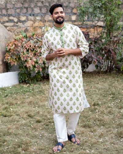 Long Sleeve Mens Printed Kurta