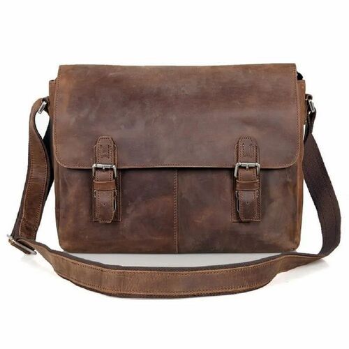 Brown Color Plain Pattern Leather Messenger Bag