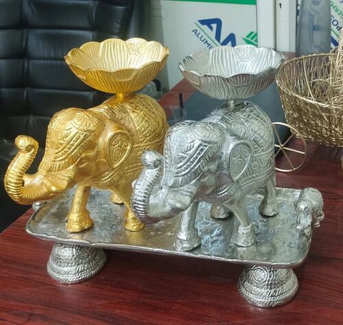 Golden And Silver Aluminum Elephant Statue With Bowls