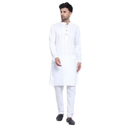 Plain White Pure Cotton Kurta Pyjama Set for Men