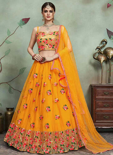 Yellow Floral Embroidered Net Lehenga Choli with Dupatta