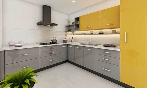 Multi Color L Shape Aluminium Modular Kitchen Interior