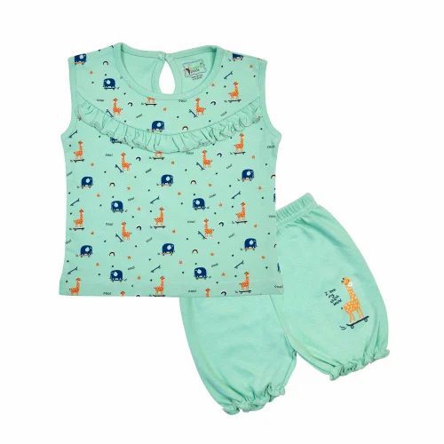 Kids Readymade Garment - Cotton Light Green Short Sleeves O Neck | Lightweight Breathable Washable Modern Printed Design for Girls