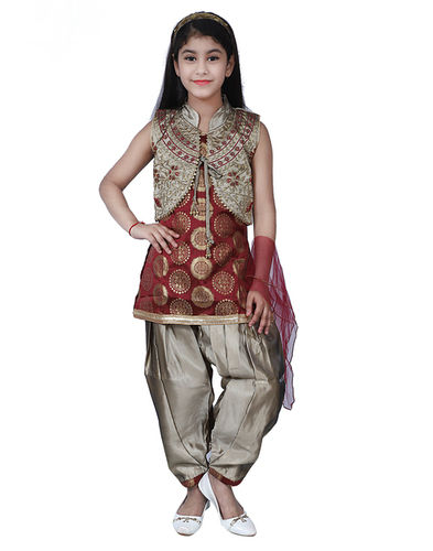 Girls Silk Coat Kurti And Patiala Dress