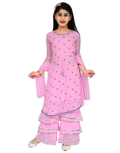 Girls Party Wear Chiffon Polka Design Kurti And Sharara