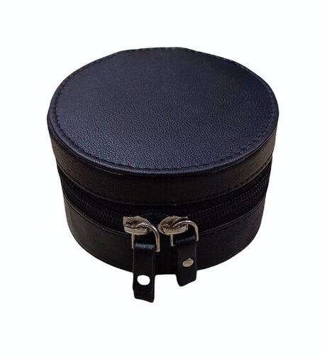 Leather Jewellery Case - Leather, Standard Size, Black Color | Moisture Resistant, Round Shape, Plain Design, Reusable Care Instructions