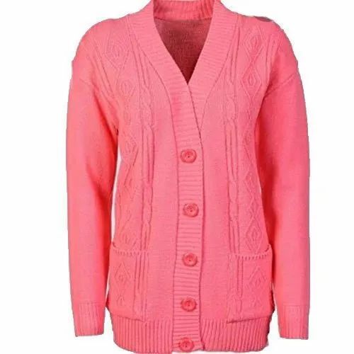 Button V Neck Ladies Peach Woolen Sweater