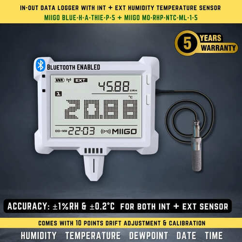 Data Logger with integral and external Humidity Temperature sensor BLUE-H-A-THIE-P-5 + MO-RHP-NTC-ML-1-5