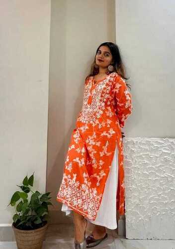 Shrink Resistance And Easy To Wash Orange Mulmul Cotton Chikankari Kurti