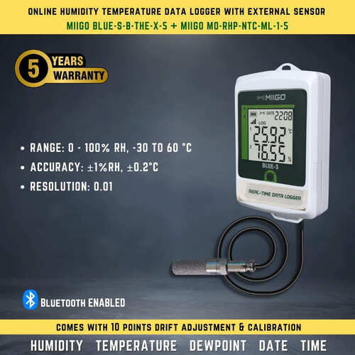 Humidity Temperature Data Logger with external Sensor BLUE-S-B-THE-X-5 + miigo MO-RHp-NTC-ML-1-5