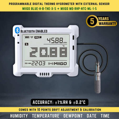 Programmable Digital Thermo Hygrometer with external sensor BLUE-H-B-THE-X-5+ MO-RHP-NTC-ML-1-5 