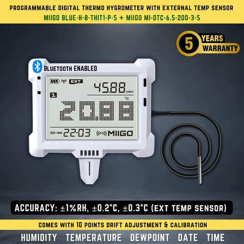 Programmable Digital Thermo Hygrometer with External Temperature sensor BLUE-H-B-THIT1-P-5 + MI-DTC-6.5-200-3-5