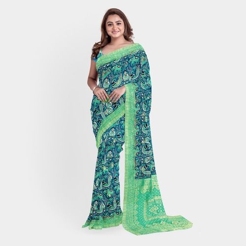 Green Color Crepe Printed Saree With Bluose