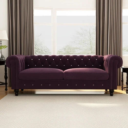 Purple Color Plain Pattern Valevet Fabric Three Seater Sofa