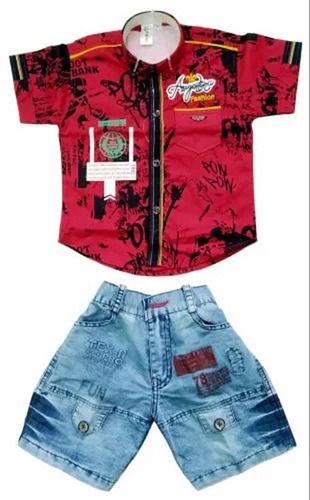 Casual Wear Regular Fit Half Sleeves Printed Cotton Shirt With Denim Shorts for Kids