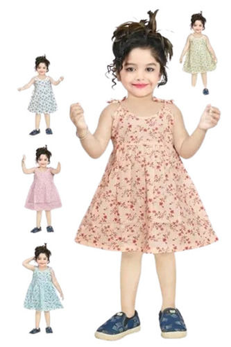 Casual Wear Regular Fit Sleeveless Breathable Cotton Readymade Printed Girls Frocks