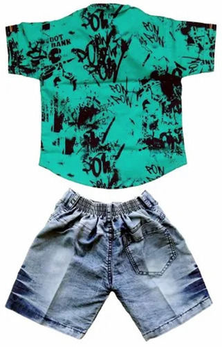 Casual Wear Regular Fit Half Sleeves Printed Cotton Shirt With Denim Shorts for Kids