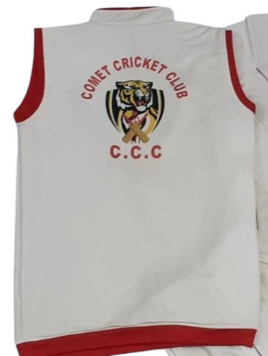 White Color Sleeveless Printed Pattern Cricket Sweater