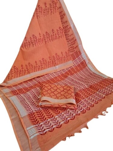 Hand Block Print Linen Saree With Blouse