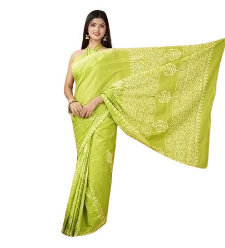 Light Green Printed Cotton Mulmul Saree