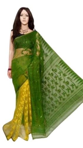 Green and yellow Cotton Silk Soft Dhakai Jamdani Handloom Saree