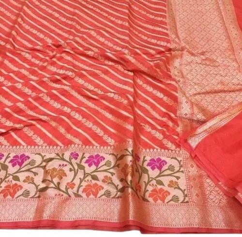 Orange Banarasi Georgette New Zig Zag Saree - Pattern: Printed
