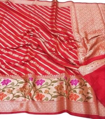 Red Clor Banarasi Georgette New Zig Zag Saree With Unstitched Blouse Piece