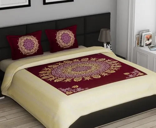 Floral Jaipuri Gold Printed Cotton Double Bed Sheet