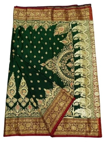 Dark Green Banarasi Embroidery Satin Silk Saree - Party Wear, Soft Touch Fabric, Wear Resistant, No Color Fade, All-Season Elegance