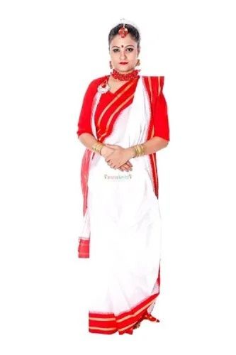 Bengali Saree Fancy Dress In White With Red Blouse