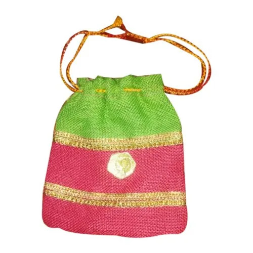 Borsa Potli Indiana Fatta A Mano – Ricamo Floreale Verde Scuro, Cotone, Pochette Con Cordino. Accessorio Etnico Perfetto Per Matrimoni E Regali.