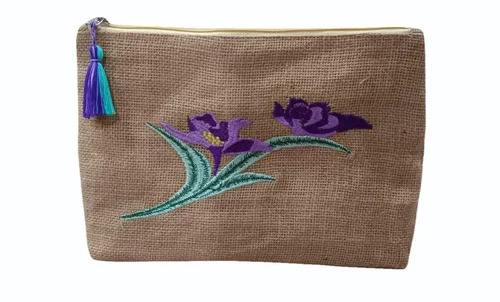 Jute Cosmetic Hand Bag - 8x12 inches, Multicolor Printed Design | Eco Friendly Material, Customizable Color & Design