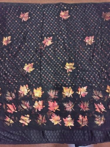 Dark Base Leaf Print on Brasso Fabric Dress Material