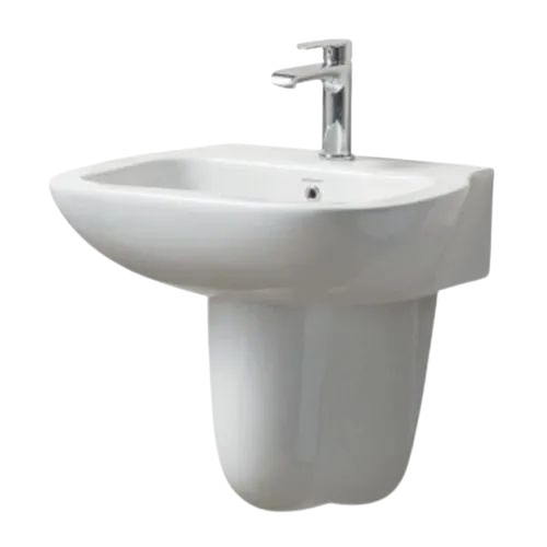 Half Pedestal Wash Basin - Ceramic, Standard Size, Rectangle Shape | Durable, Scratch Resistant, Wall Mounted, Polished White Finish