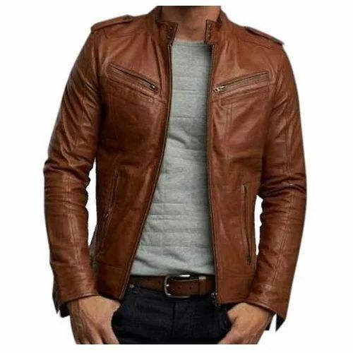 Mens Full Sleeves Plain Brown Leather Jackets