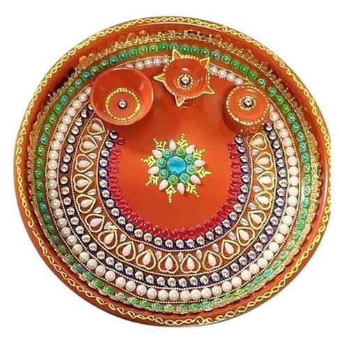 Brass Pooja Thali - New Traditional Design, 8 Inch Round Handmade Meenakari Art Decor | Durable, Rust Proof, Easy To Clean, Pink and Red Color