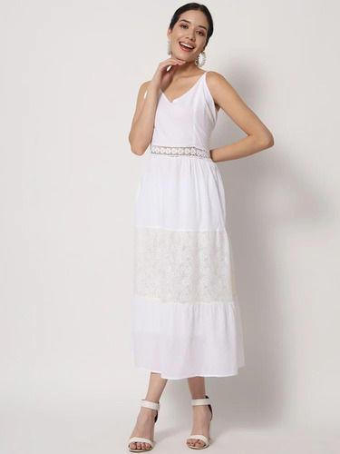 White Color Plain Pattern Pure Cotton Ladies Georgette Western Dress