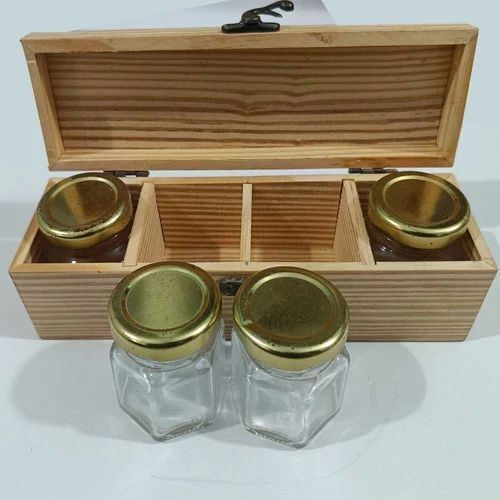 White Handicraft Pinewood Wooden 4 Jars Basket For Household