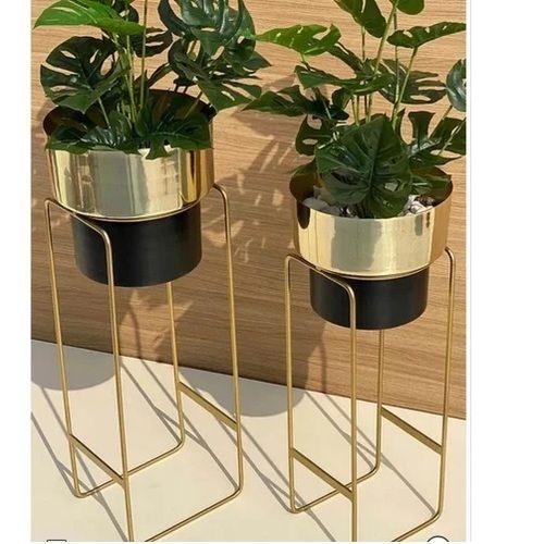 Dual Tone Pots And Gold Stand In Iron Planter