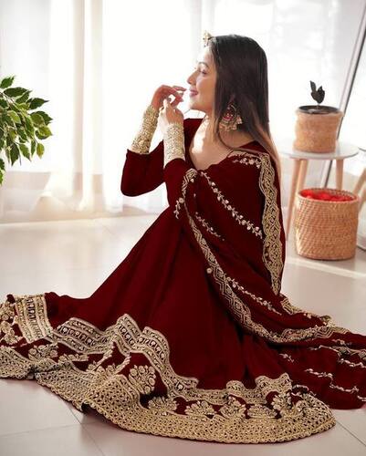 Fully Stitched Heavy Embroidery Work Georgette Cotton Bridal Wedding Gown With Dupatta