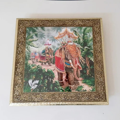 Eye Catching Look Wooden Square Rajvadi Pooja Choki - Wood, 15-inch x 15-inch x 5.5-inch, Golden Finish | Scratch Resistant, Eco-Friendly