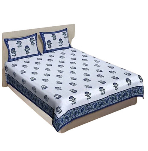 White Jaipuri Cotton Printed King Size Bedsheet Set - Color: Multicolor
